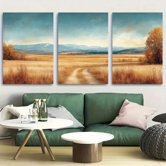 3pcs Serene Countryside in Soft Blue & Golden Tone Metal Print Ready to Hang Art