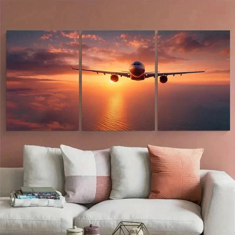 3pcs Sunset Soar Passenger Plane Dusk Perfect Metal Print Ready to Hang Art
