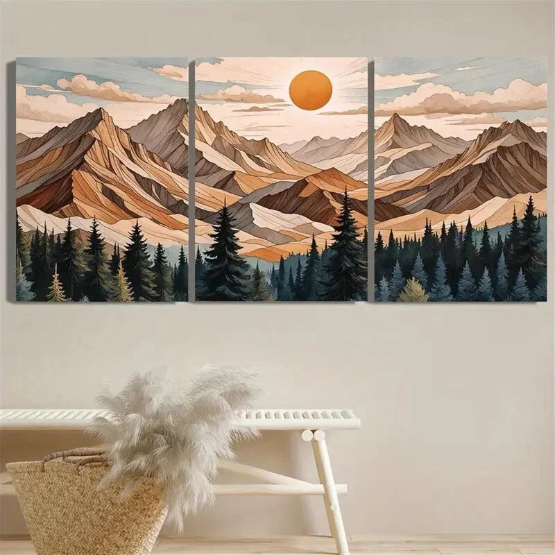 3pcs Abstract Forest Mountains Metal Print Ready to Hang Art