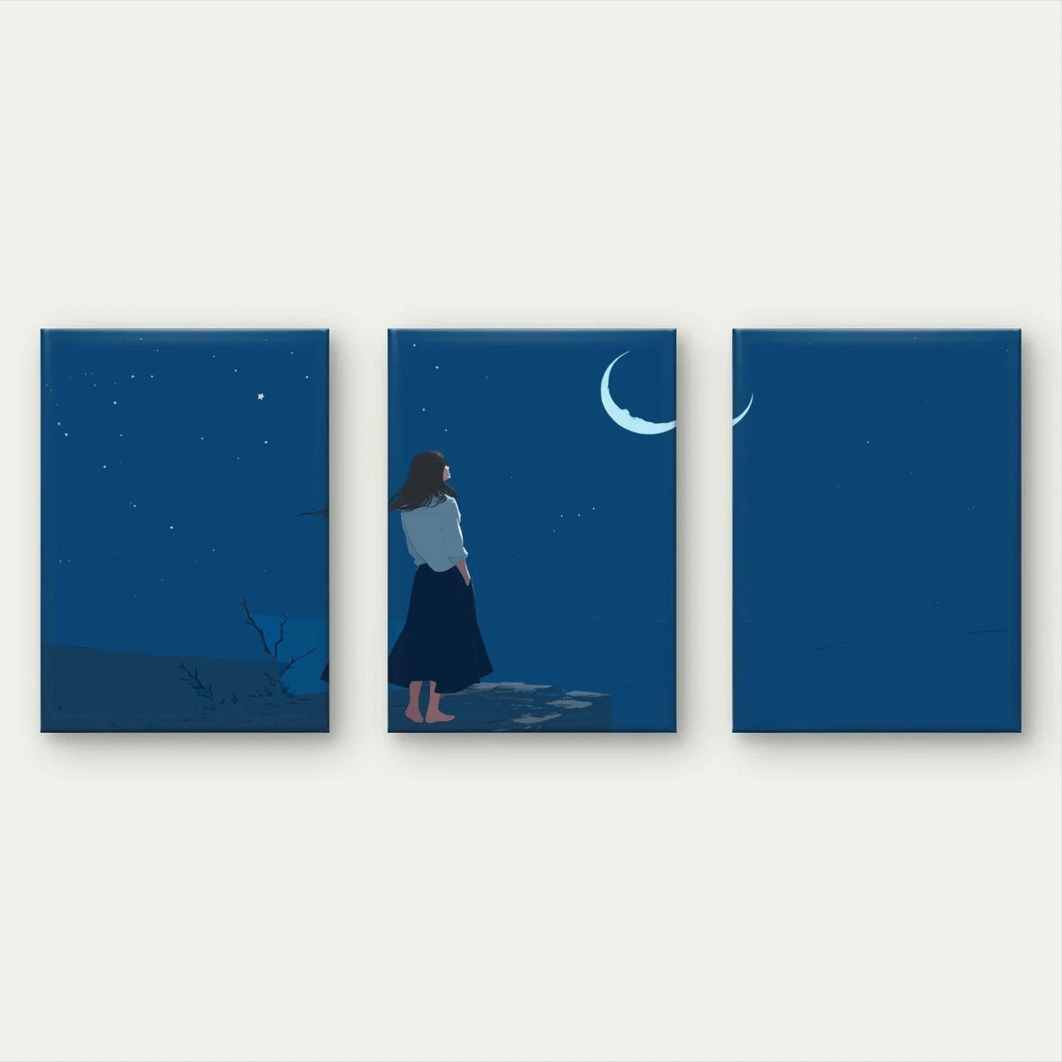 3pcs Woman With Night Sky and Crescent Moon Wall Art Set Canvas Framed 60x90cm - High Quality Print 100% Australian Made Wall Canvas Ready to Hang