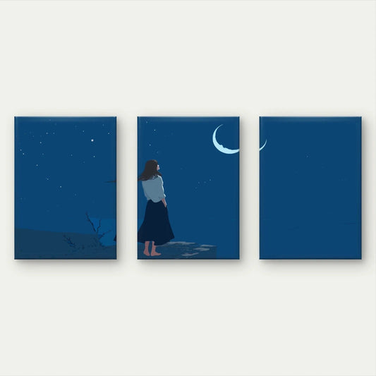 3pcs Woman With Night Sky and Crescent Moon Wall Art Set Canvas Framed 60x90cm - High Quality Print 100% Australian Made Wall Canvas Ready to Hang