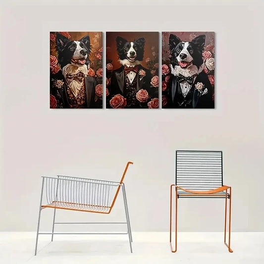 3pcs Formal Dog Portraits Elegant Pet Paintings Metal Print Ready to Hang Art