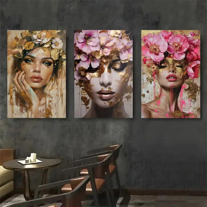 3pcs Floral Crown Woman Portrait Elegant Perfect Wall Art Set Canvas Framed 40x60cm - High Quality Print 100% Australian Made Wall Canvas Ready to Hang