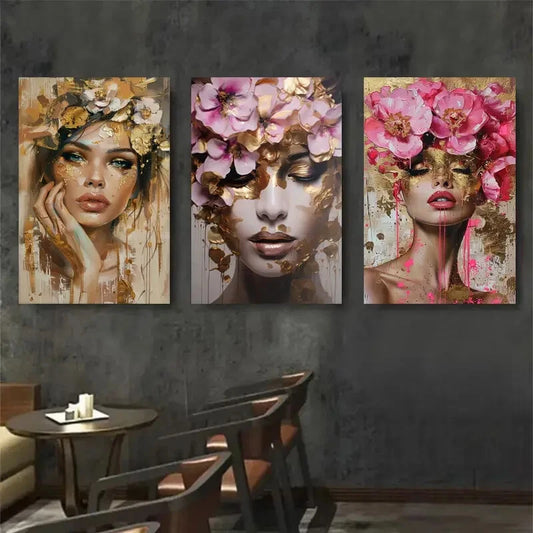 3pcs Floral Crown Woman Portrait Elegant Perfect Wall Art Set Canvas Framed 40x60cm - High Quality Print 100% Australian Made Wall Canvas Ready to Hang