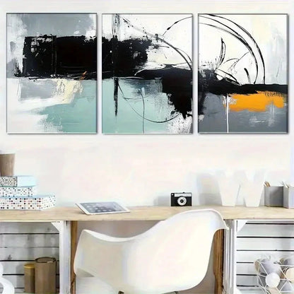 3pcs Abstract Black White Teal and Orange Metal Print Ready to Hang Art