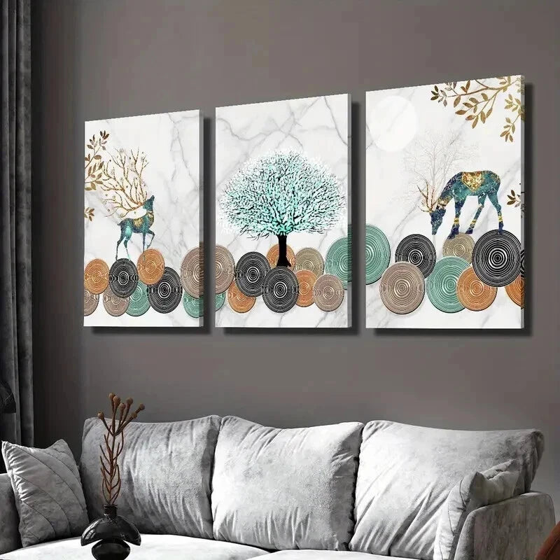 3pcs Ginkgo Leaf Golden Geometric Elk Wall Art Set Canvas Framed 40x60cm - High Quality Print 100% Australian Made Wall Canvas Ready to Hang