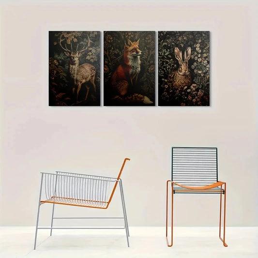 3pcs Deer Fox Rabbit in Forest Metal Print Ready to Hang Art