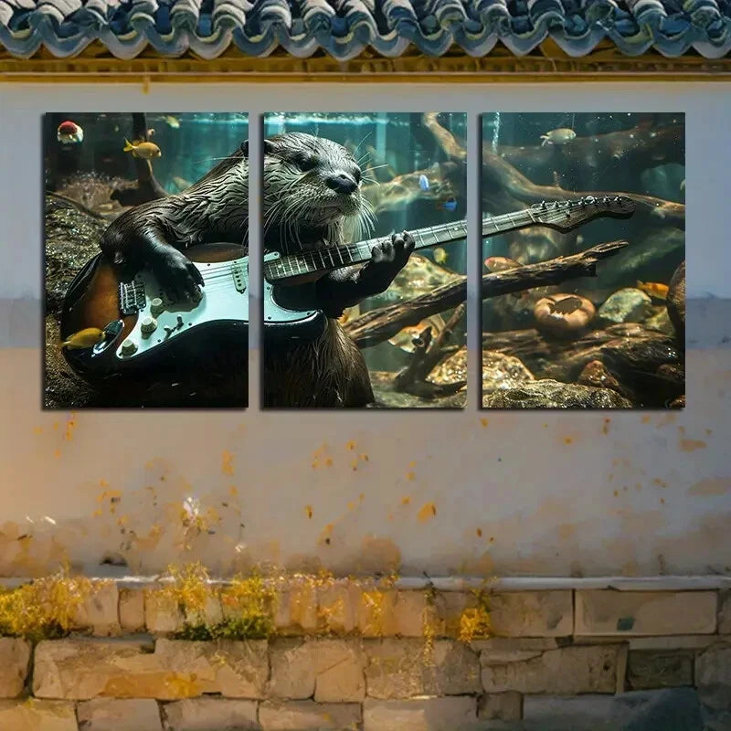 3pcs An Otter Playing Guitar Illustration Metal Print Ready to Hang Art