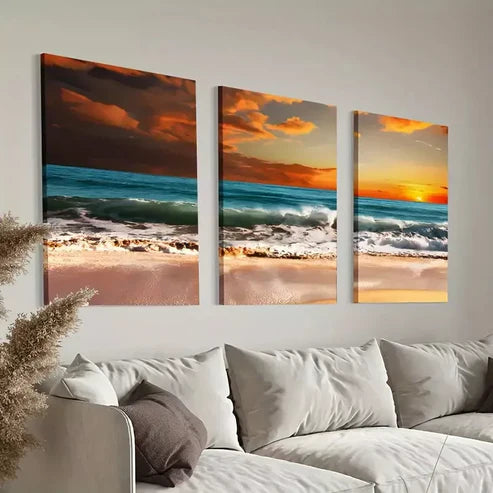 3pcs Sunset Ocean Wave Beach Canvas Framed 60x90cm - High Quality Print 100% Australian Made Wall Canvas Ready to Hang