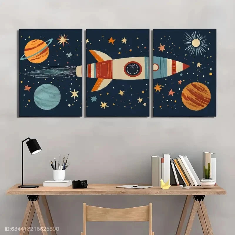 3pcs Space Rocket & Planets Art Set Metal Print Ready to Hang Art