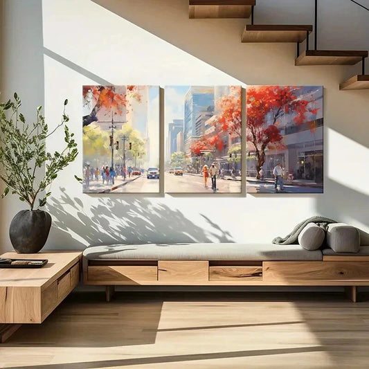 3pcs Abstract Cityscape Autumn Trees Urban Life Metal Print Ready to Hang Art