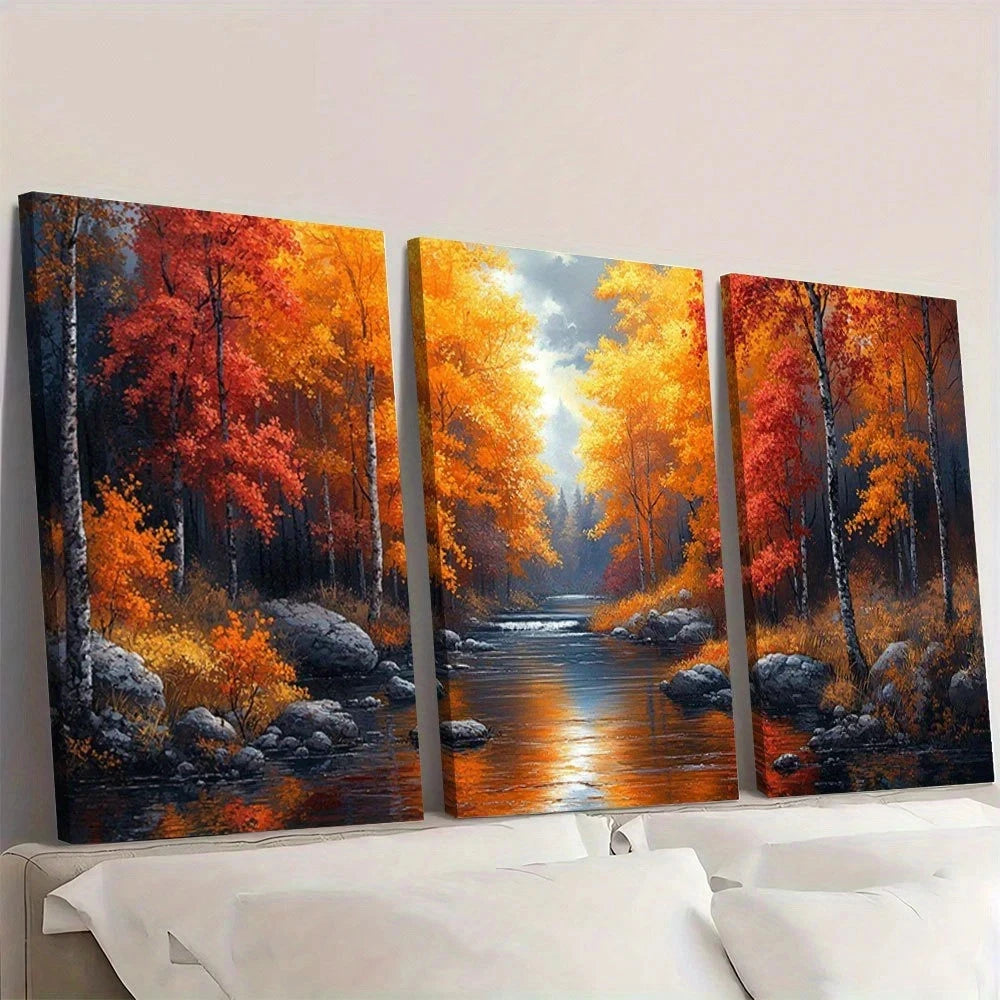 3pcs Vibrant Forest Stream Colorful Floral Wall Art Set Canvas Framed 50x70cm - High Quality Print 100% Australian Made Wall Canvas Ready to Hang