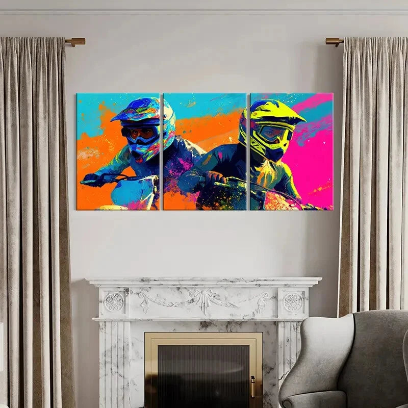 3pcs Vibrant Motocross Riders Colorful Splash Metal Print Ready to Hang Art