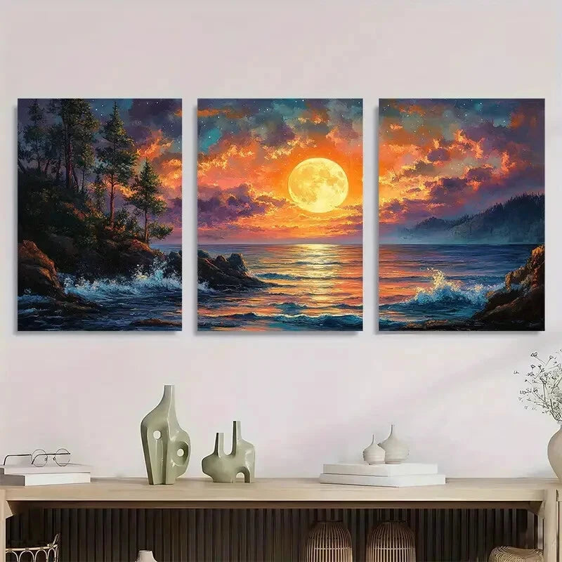 3pcs Landscape Painting Moonnight Metal Print Ready to Hang Art