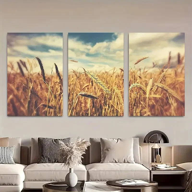 3pcs Golden Wheat Field Photography Farmhouse Metal Print Ready to Hang Art