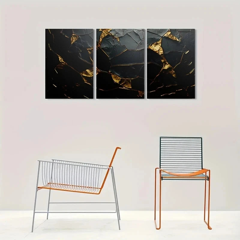 3pcs Modern Abstract Black & Golden Metal Print Ready to Hang Art