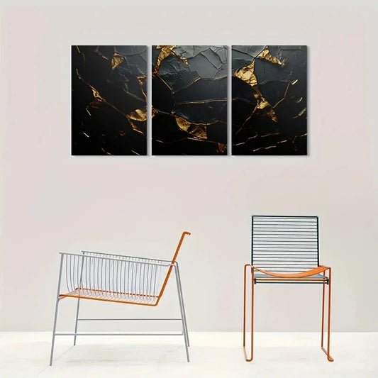 3pcs Modern Abstract Black & Golden Metal Print Ready to Hang Art