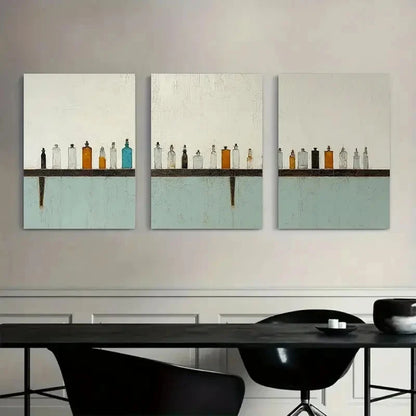 3pcs Minimalist Painting of Small Bottles Metal Print Ready to Hang Art