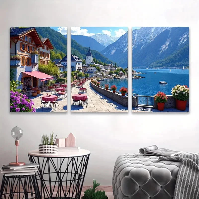3pcs Coastal Town And Mountain Lake View Wall Art Set Canvas Framed 60x90cm - High Quality Print 100% Australian Made Wall Canvas Ready to Hang