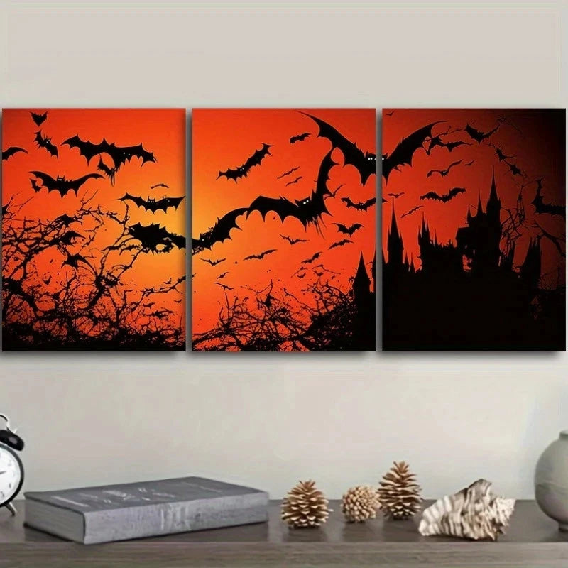 3pcs Featuring Bats in Flight Around a Castle Metal Print Ready to Hang Art