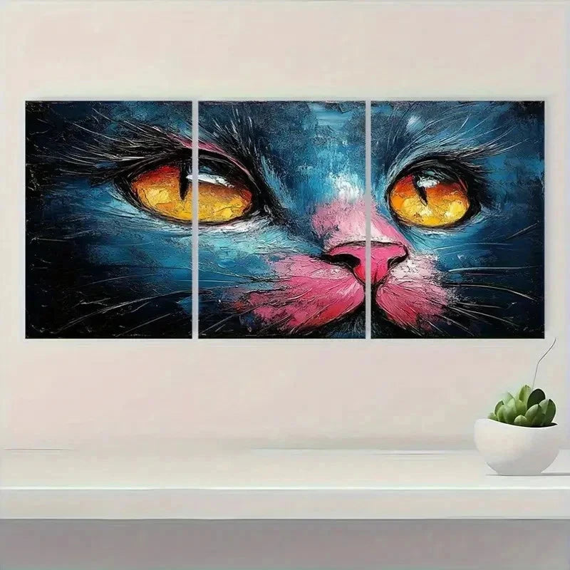 3pcs Vibrant Pink Cat Abstract Design Metal Print Ready to Hang Art