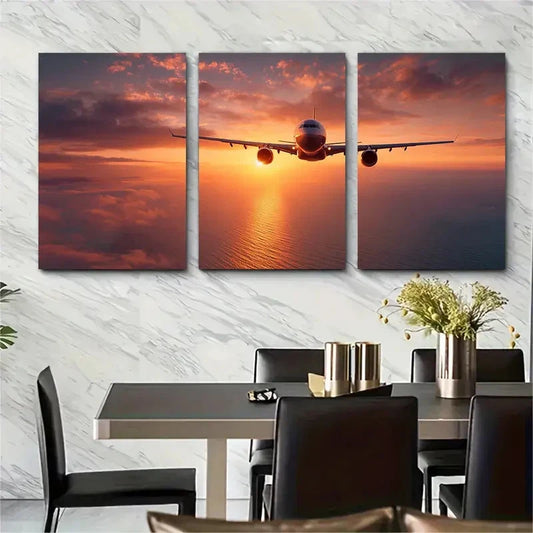 3pcs Sunset Soar Passenger Plane Dusk Perfect Wall Art Set Canvas Framed 40x60cm - High Quality Print 100% Australian Made Wall Canvas Ready to Hang