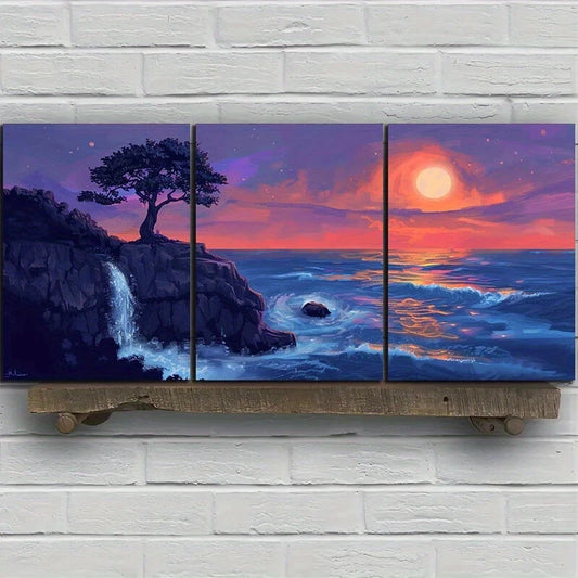 3pcs Sea Sunset Tree Waves Stones Metal Print Ready to Hang Art