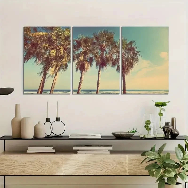 3pcs Vintage Palm Trees in the Sun Wall Art Metal Print Ready to Hang Art