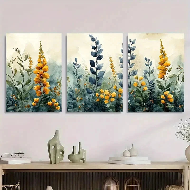 3pcs Bohemian Flower Sage Green Field Flower Metal Print Ready to Hang Art