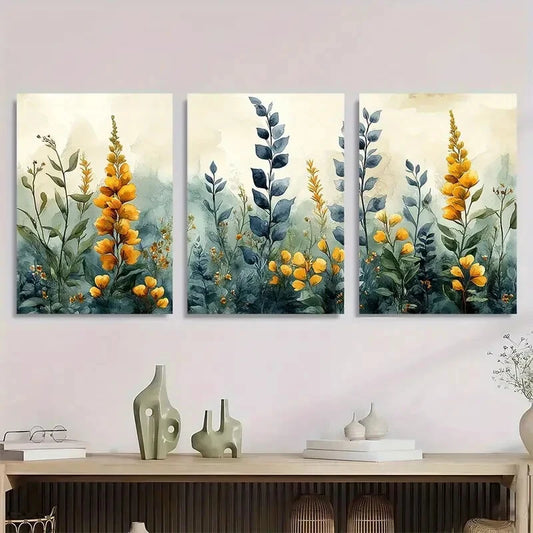 3pcs Bohemian Flower Sage Green Field Flower Metal Print Ready to Hang Art