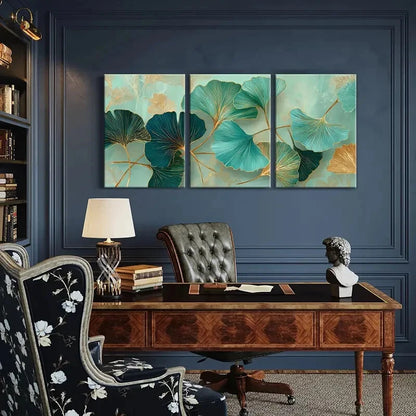 3pcs Ginkgo Leaves Elegant Teal Golden Accents Metal Print Ready to Hang Art