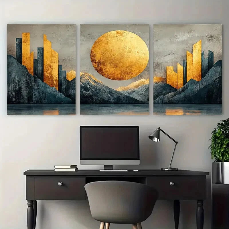 3pcs Beige Grey Golden Abstract Shapes Minimalist Metal Print Ready to Hang Art