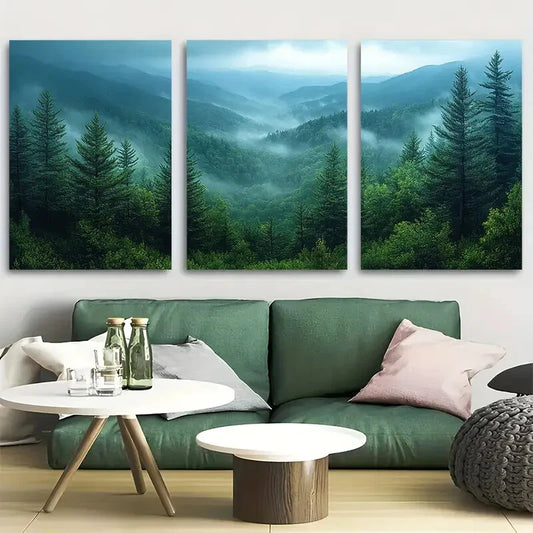 3pcs Great Smoky Mountains Evergreen Trees Foggy Metal Print Ready to Hang Art