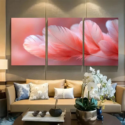 3pcs Aesthetic Light Pink Feather Bouquet Metal Print Ready to Hang Art