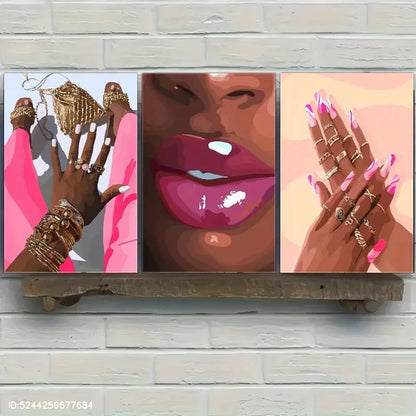 3pcs Vibrant Pink Nails & Lips Modern Luxury Metal Print Ready to Hang Art