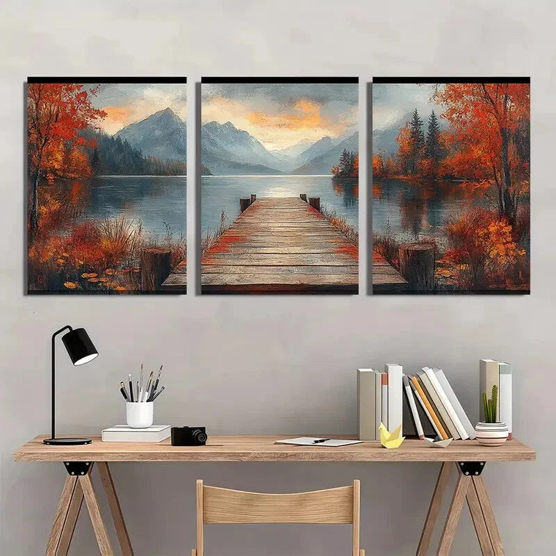 3pcs Autumn Lake Painting Vintage Landscape Metal Print Ready to Hang Art