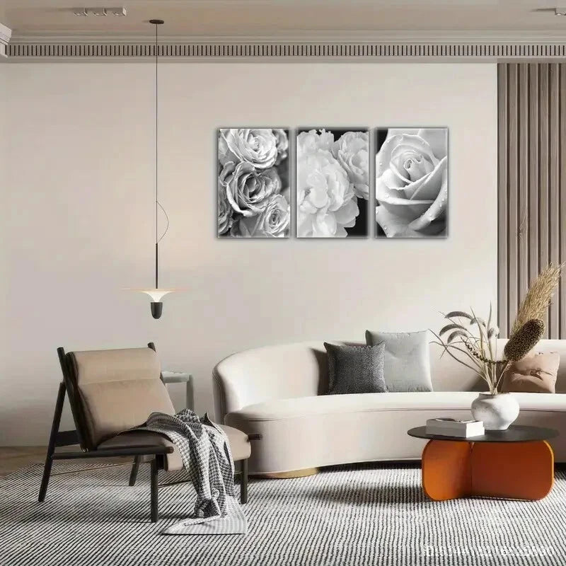3pcs Floral Wall Art Minimalist Style Black White Metal Print Ready to Hang Art