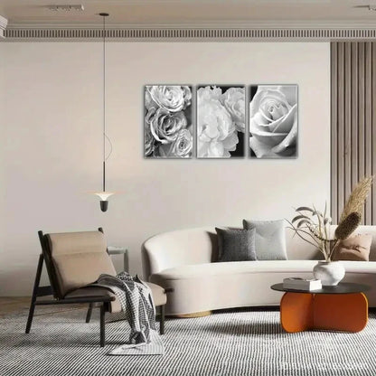 3pcs Floral Wall Art Minimalist Style Black White Metal Print Ready to Hang Art