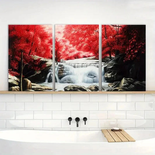 3pcs s Painting Red Forest Waterfalls Printing Metal Print Ready to Hang Art