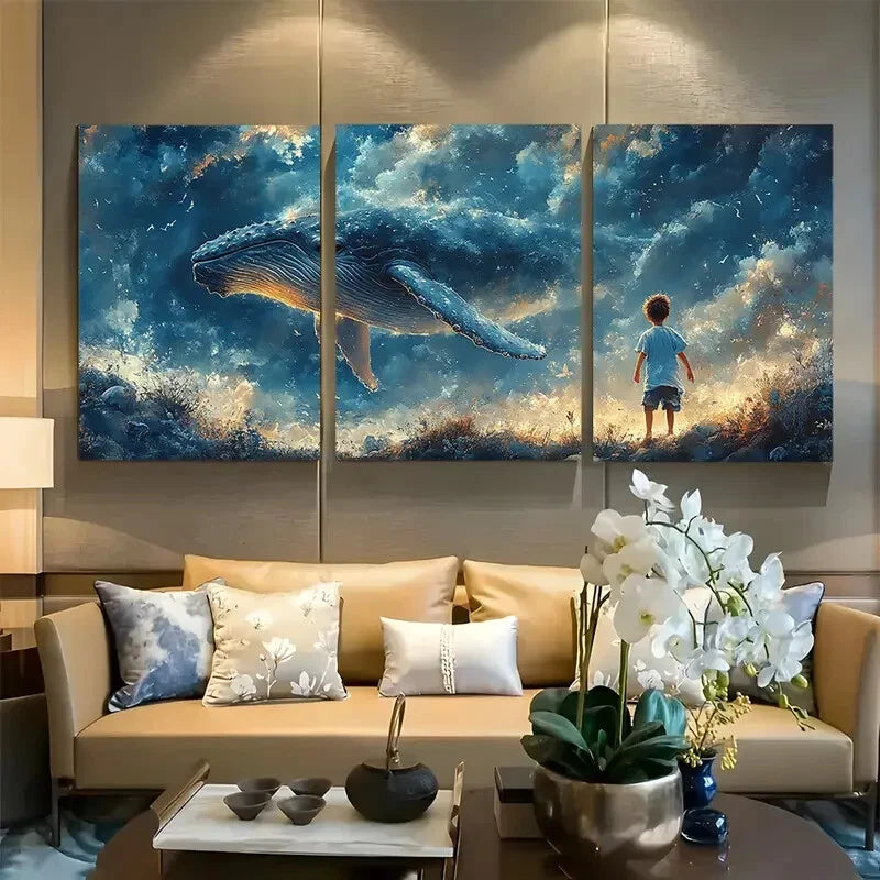 3pcs Boy Flying with Humpback Whale Portrait Metal Print Ready to Hang Art
