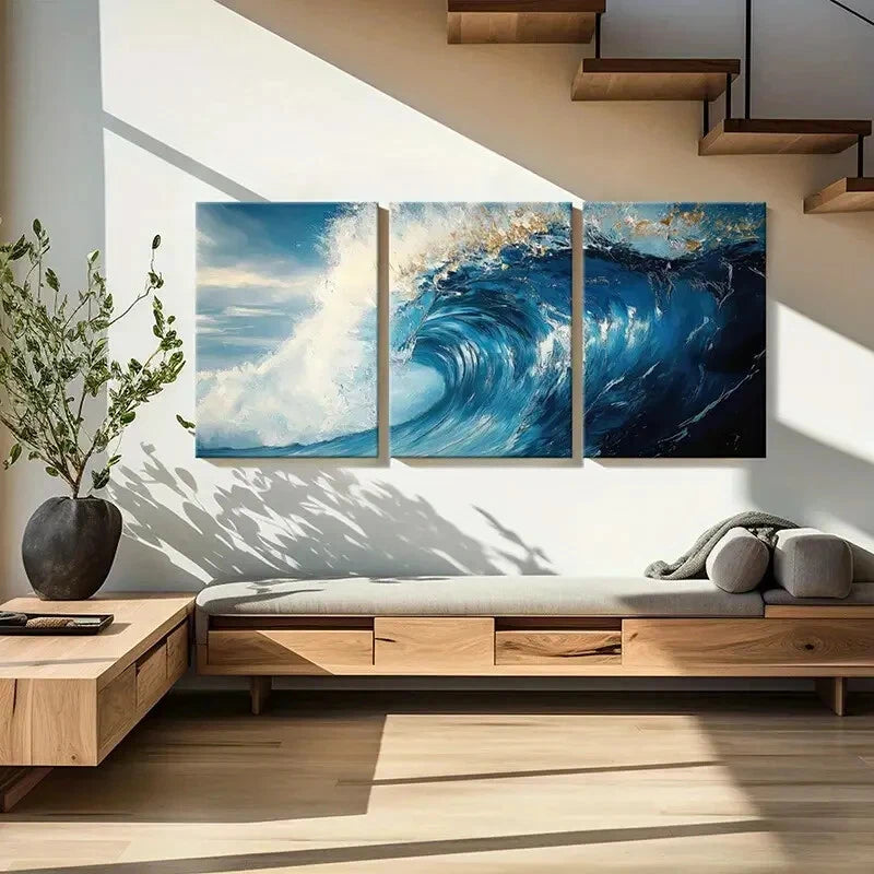 3pcs Abstract Ocean Wave Art Blue Sea Spray Metal Print Ready to Hang Art