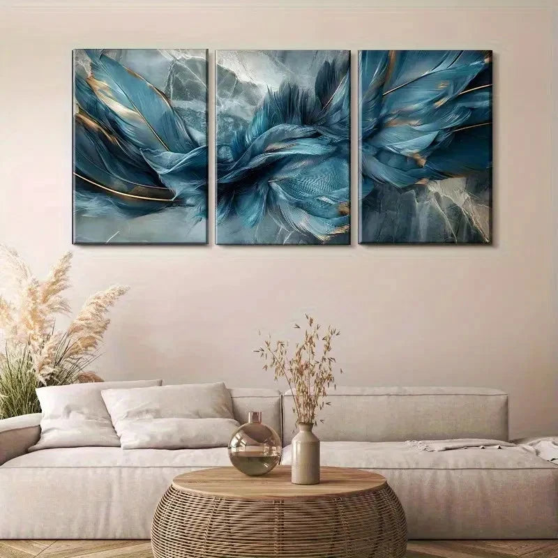3pcs Elegant Blue and Golden Feather Painting Metal Print Ready to Hang Art