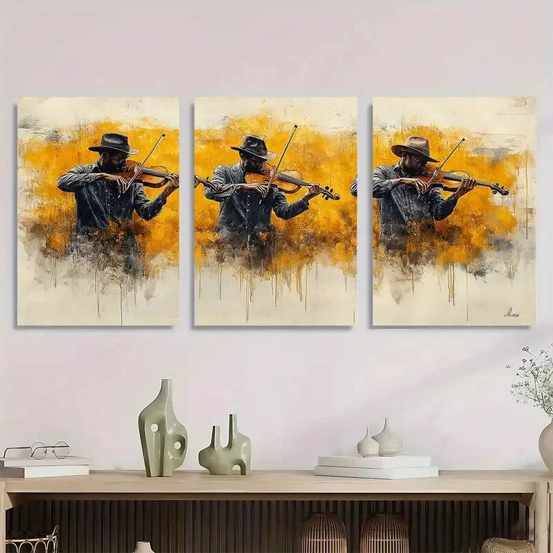 3pcs Elegant String Players Golden Hue Black Metal Print Ready to Hang Art