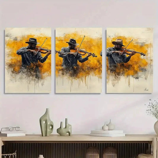 3pcs Elegant String Players Golden Hue Black Metal Print Ready to Hang Art