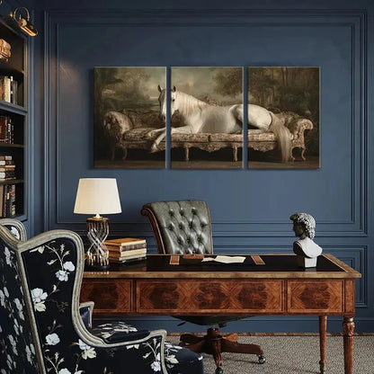 3pcs Elegant White Horse on Ornate Sofa Posters Metal Print Ready to Hang Art