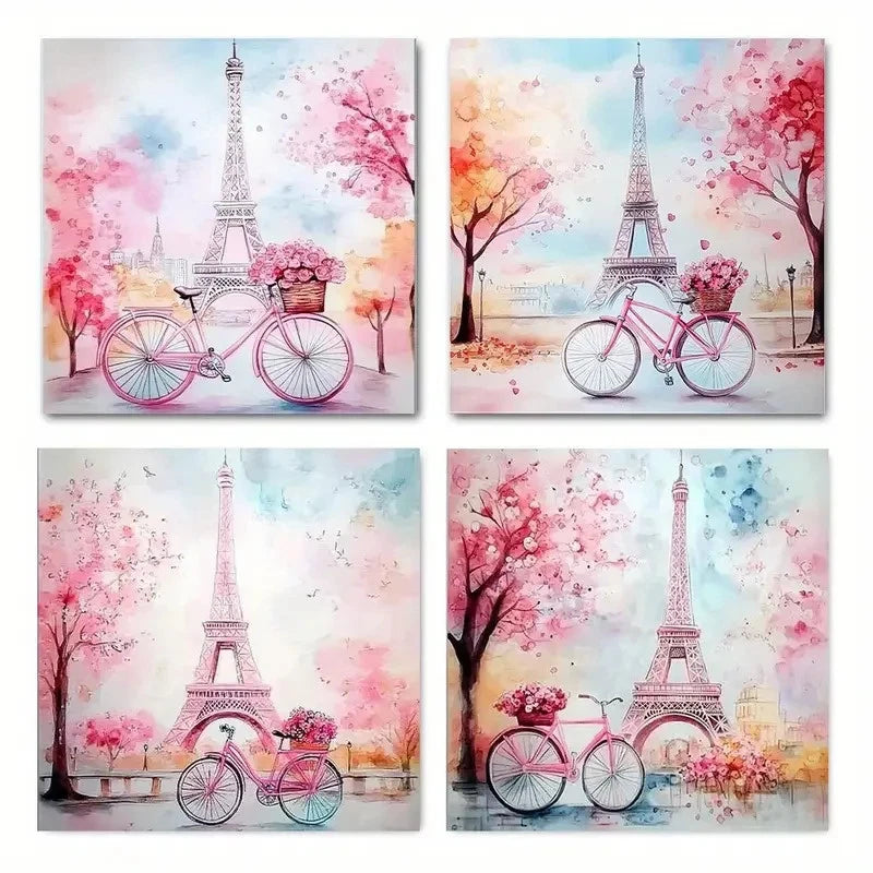 4pcs Abstract Eiffel Tower & Bicycle Posters Wall Art Canvas Framed