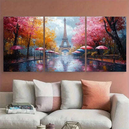 3pcs Parisian Eiffel Tower Scene Rainy Day Street Metal Print Ready to Hang Art
