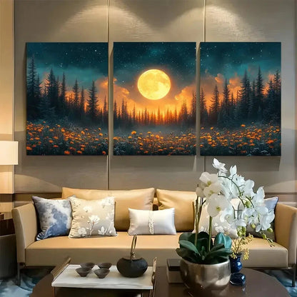 3pcs Moonlit Forest Wildflowers and Starry Sky Metal Print Ready to Hang Art