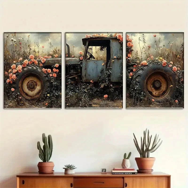 3pcs Vintage Tractor with Roses & Wildflowers Metal Print Ready to Hang Art