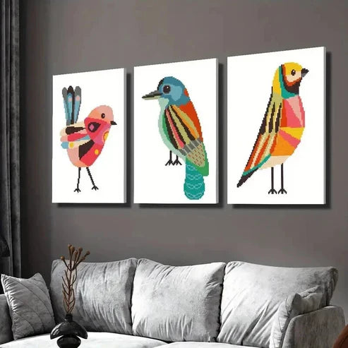 3pcs Geometric Birds Cross Stitch Pattern Wall  Art Set Canvas Unframed - High Quality Print 100% Australian Made Wall Canvas